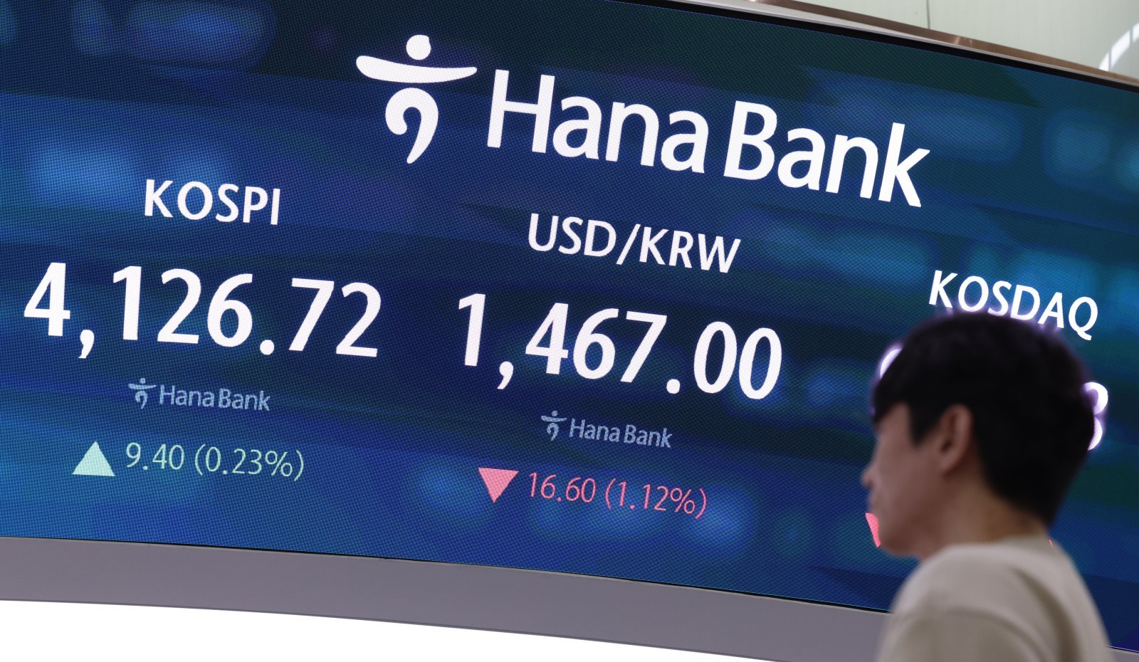 코스피가 전 거래일(4117.32)보다 18.92포인트(0.46%) 상승한 4136.24에 개장한 24일 오전 서울 중구 하나은행 딜링룸 전광판에 지수가 표시되고 있다.  코스닥 지수는 전 거래일(919.56)보다 1.45포인트(0.16%) 오른 921.01, 서울 외환시장에서 원·달러 환율은 전 거래일 주간거래 종가(1483.6원)보다 1.3원 오른 1484.9원에 출발했다. 2025.12.24. [서울=뉴시스]