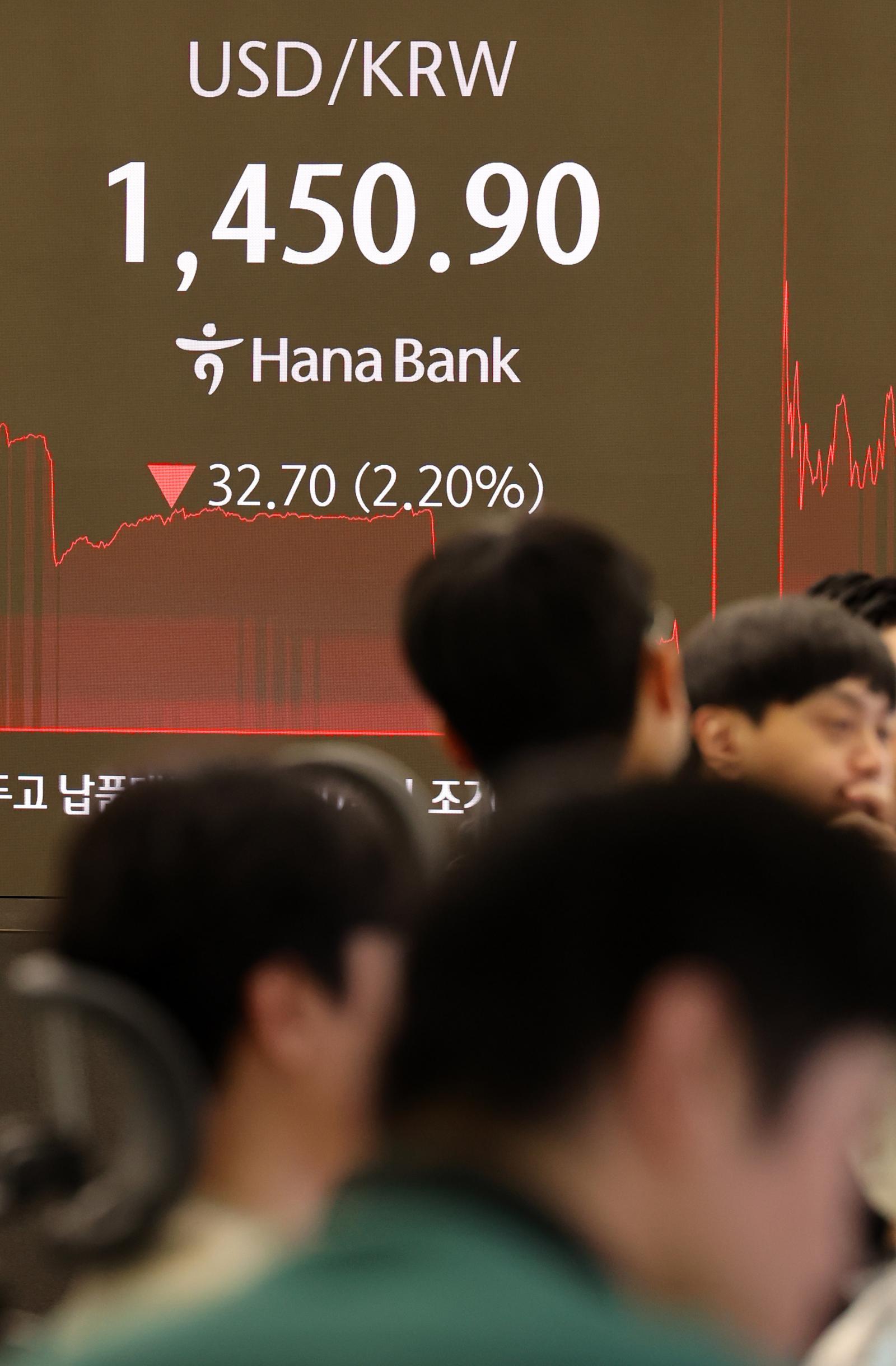 당국의 외환시장 구두 개입이 이뤄진 24일 오후 서울 중구 하나은행 딜링룸 전광판에 원달러 환율이 전 거래일보다 32.70원(2.20%) 내린 1450.90원을 나타내고 있다. 2025.12.24 [서울=뉴시스]