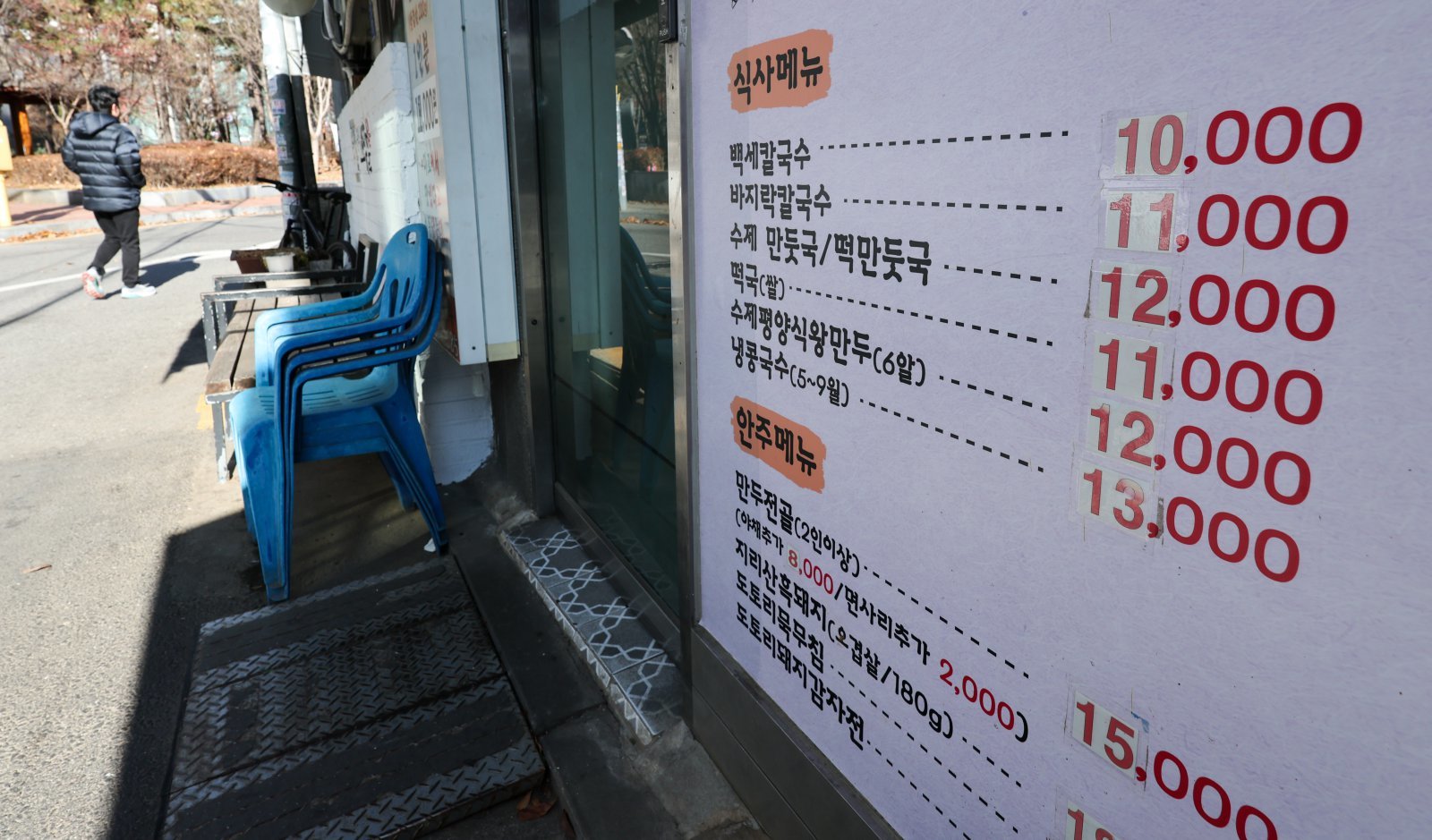 대표적 서민 외식 메뉴인 김밥·칼국수 가격이 서울 지역에서 1년 새 각각 5.7%, 4.9% 오른 25일 서울 시내 한 칼국수 집에 가격표가 붙어 있다. 2025.12.25 (서울=뉴스1)