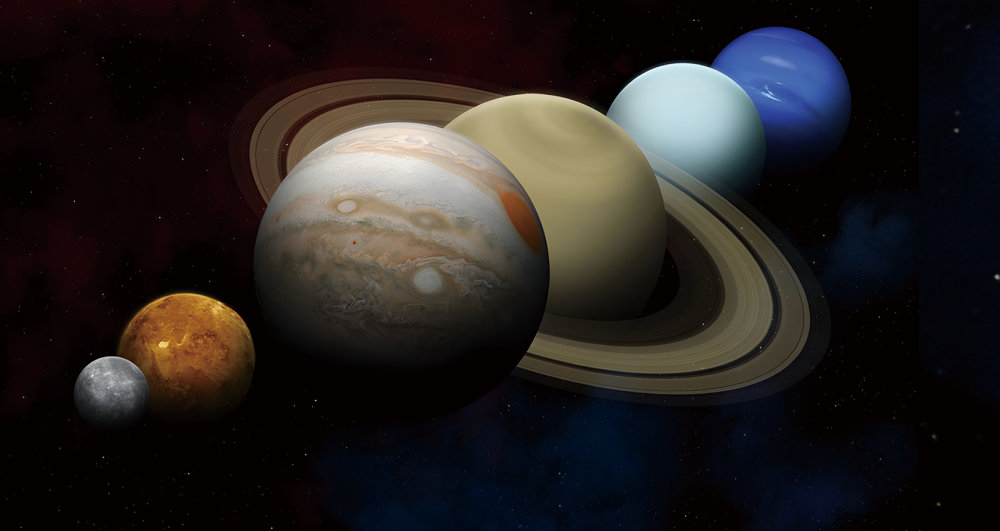 내년 2월 말 수성, 금성, 목성, 토성, 천왕성, 해왕성이 지구의 공전궤도면인 황도를 따라 줄지어 보이는 ‘행성 퍼레이드’를 볼 수 있을 것으로 예측된다. 사진은 6개 행성의 모습을 나타낸 가상의 이미지. 왼쪽부터 수성(Mercury), 금성(Venus), 목성(Jupiter), 토성(Saturn), 천왕성(Uranus), 해왕성(Neptune). 게티이미지뱅크