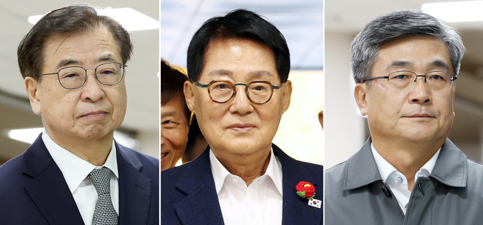 서훈 전 국가안보실장(왼쪽부터), 박지원 전 국정원장, 서욱 전 국방부 장관이 5일 오전 서울 서초구 서울중앙지방법원에서 열린 ‘서해 공무원 피격 은폐 의혹’ 결심 공판에 출석하고 있다. 2025.11.5/뉴스1 ⓒ News1 김명섭 기자