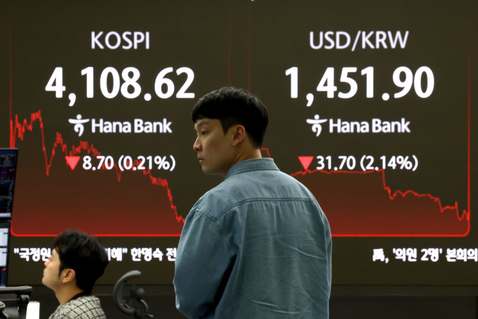 코스피 지수가 하락 마감한 24일 서울 중구 하나은행 본점 딜링룸 현황판에 전장보다 8.70포인트(0.21%) 하락한 4,108.62를 나타내고 있다. 이날 원/달러환율은 정부의 환율 대책과 당국의 구두 개입에 30원 넘게 급락했다. 2025.12.24/뉴스1