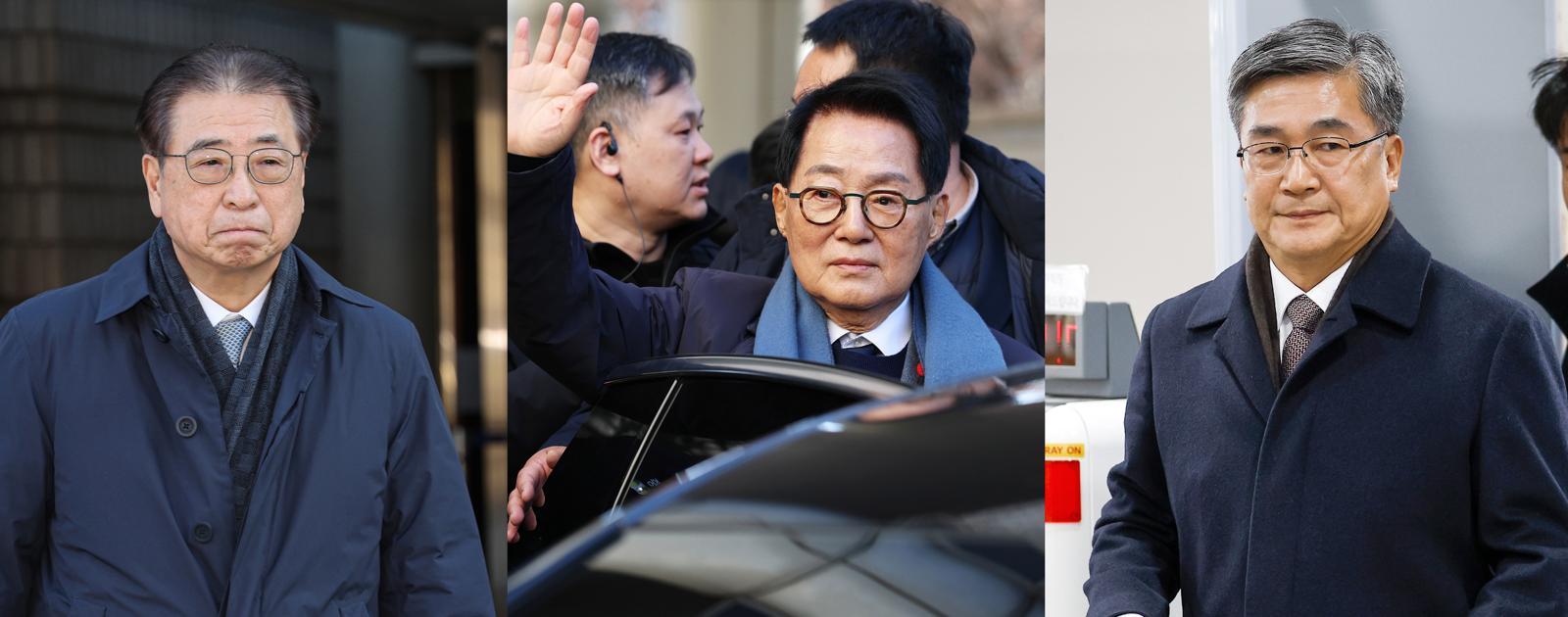 ‘서해 공무원 피격 사건’ 은폐 시도 및 ‘월북 몰이’ 혐의로 기소된 서훈 전 국가안보실장(왼쪽부터), 박지원 전 국가정보원장, 서욱 전 국방부 장관이 26일 오후 서울 서초구 서울중앙지방법원에서 열린 ‘서해피격 은폐 의혹’ 1심 선고 공판에서 무죄를 선고받은 후 소감을 밝히고 있다. (공동취재) 2025.12.26/뉴스1