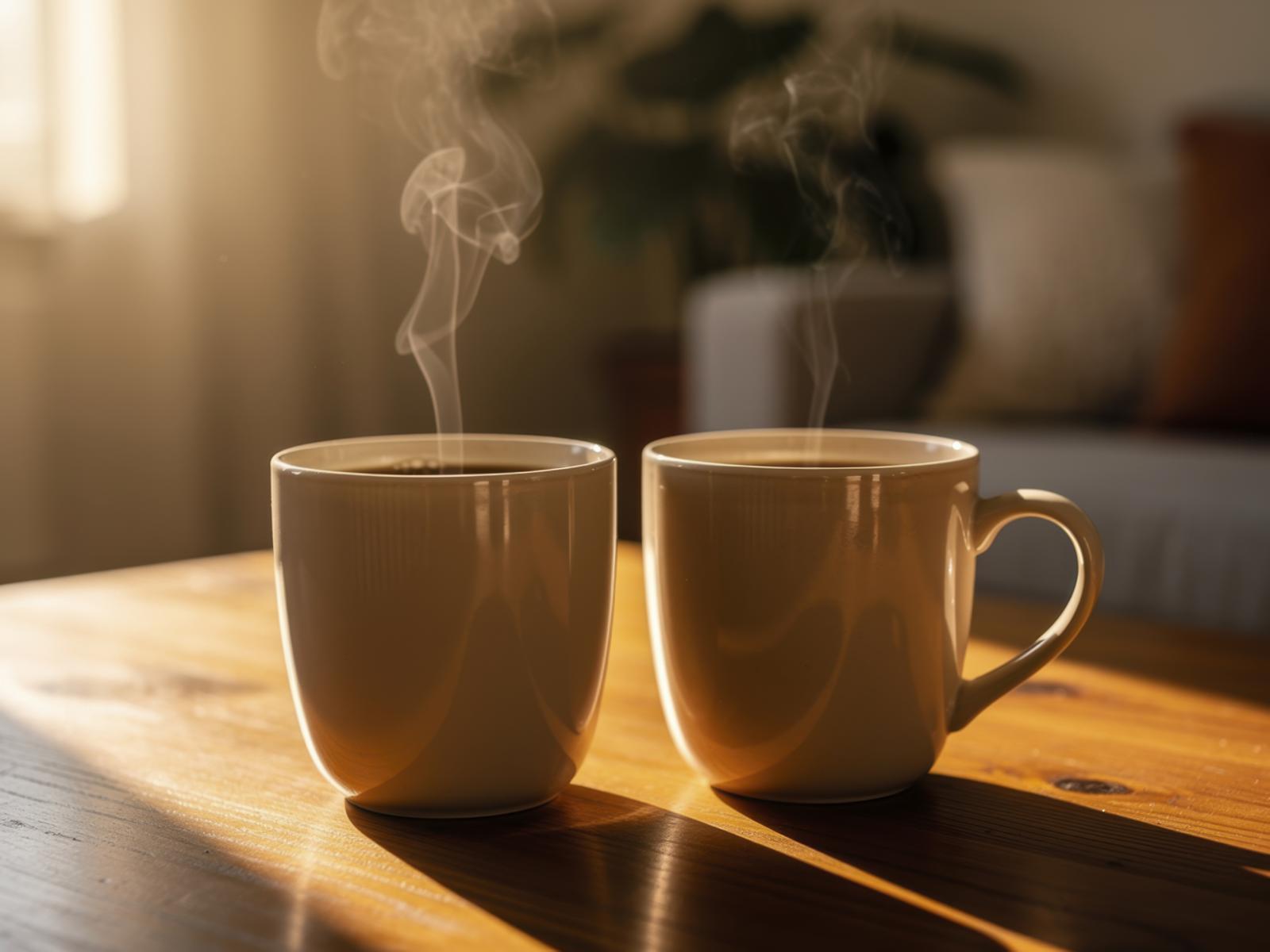 아침 햇살이 비치는 테이블 위의 커피 두 잔. 공복 커피 대신 식사 후나 간단한 섭취 뒤 커피를 마시는 루틴이 대안으로 제시된다. 게티이미지뱅크