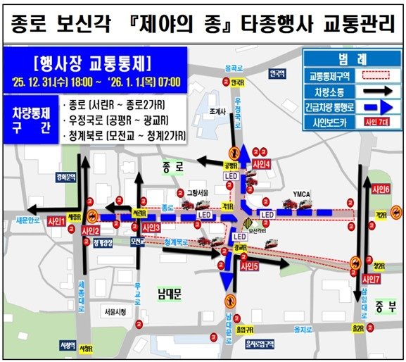 찰은 보신각 일대 타종행사로 인해 31일 오후 6시부터 다음 날 오전 7시까지 일대 3개 도로(종로·우정국로·청계북로)를 교통을 통제한다. 투입되는 인원은 교통경찰관 400명이다.(서울경찰청 제공)