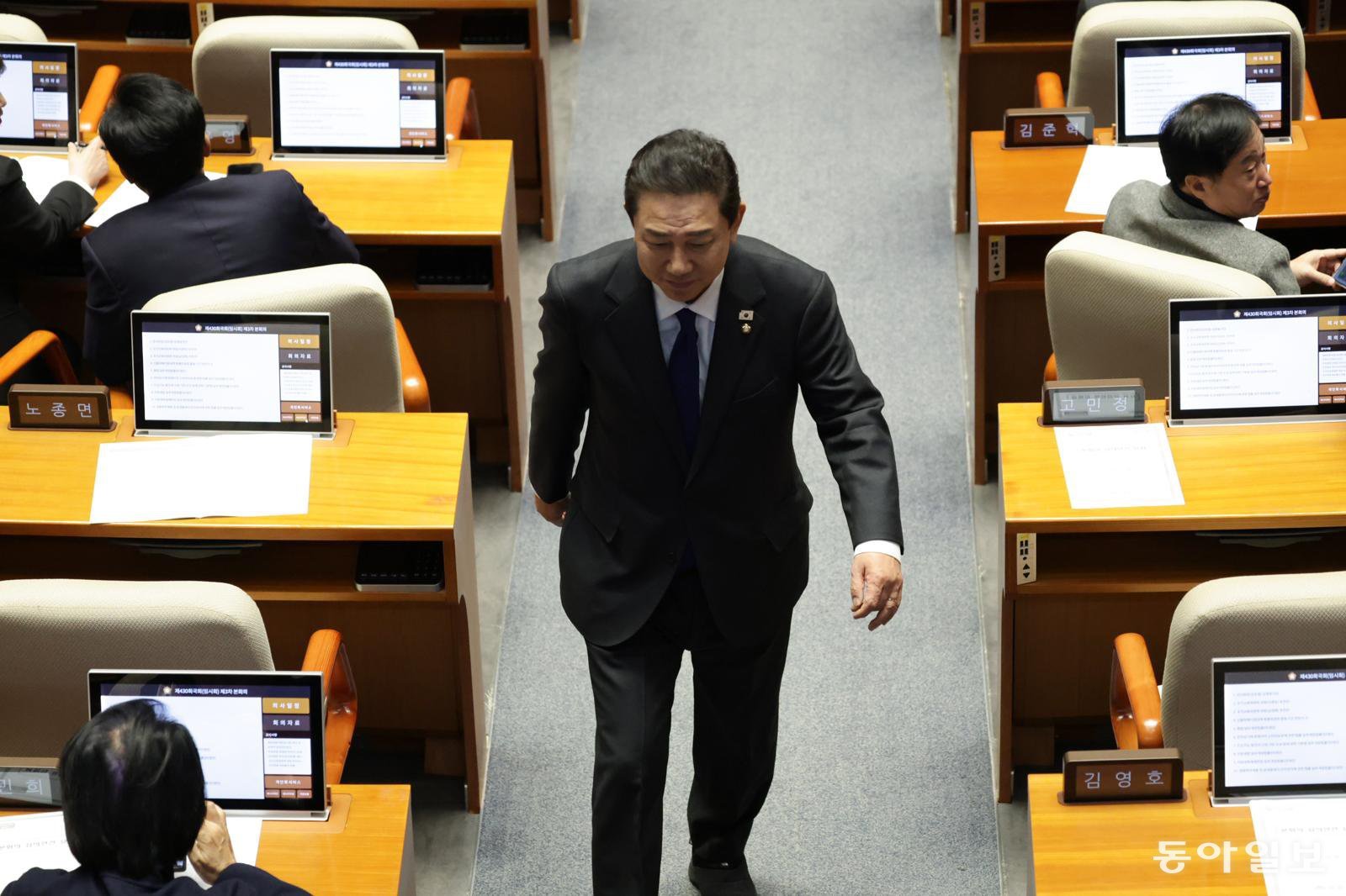 30일 김 전 원내대표가 본회의에서 감사원장 임명 동의안 표결을 마친 뒤 자리로 돌아가고 있다. 박형기 기자 oneshot@donga.com