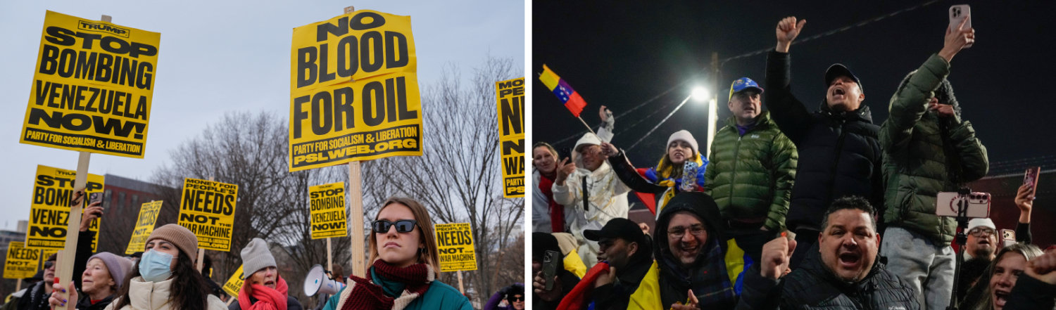 마두로 체포 항의-환호… 갈라진 미국 3일(현지 시간) 미국 워싱턴 백악관 앞에서 니콜라스 마두로 베네수엘라 대통령 체포에 항의하는 집회가 열리고 있다(왼쪽 사진). 같은 날 미군에 의해 체포된 마두로 대통령이 뉴욕 브루클린 메트로폴리탄 구치소에 도착하자 ‘반마두로 시위대’가 환호하고 있다. 워싱턴·뉴욕=AP 뉴시스