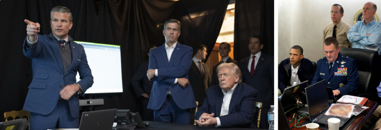 도널드 트럼프 미국 대통령과 존 랫클리프 미 중앙정보국(CIA) 국장, 피트 헤그세스 국방장관(오른쪽부터)이 3일(현지 시간) 플로리다주 마러라고 리조트에 마련된 상황실에서 니콜라스 마두로 베네수엘라 대통령 체포 작전 상황을 지켜보고 있다. 2011년 5월 1일 버락 오바마 당시 미 대통령(오른쪽 사진 앞줄 왼쪽)과 마셜 웹 합동특수작전사령부 부사령관(앞줄 오른쪽) 등이 백악관 상황실에서 오사마 빈라덴 사살 작전을 지켜보고 있다. 중앙에 앉은 트럼프 대통령과는 달리 오바마 전 대통령은 웹 부사령관에게 가운데 자리를 내줬다. 사진 출처 도널드 트럼프 트루스소셜·백악관 제공