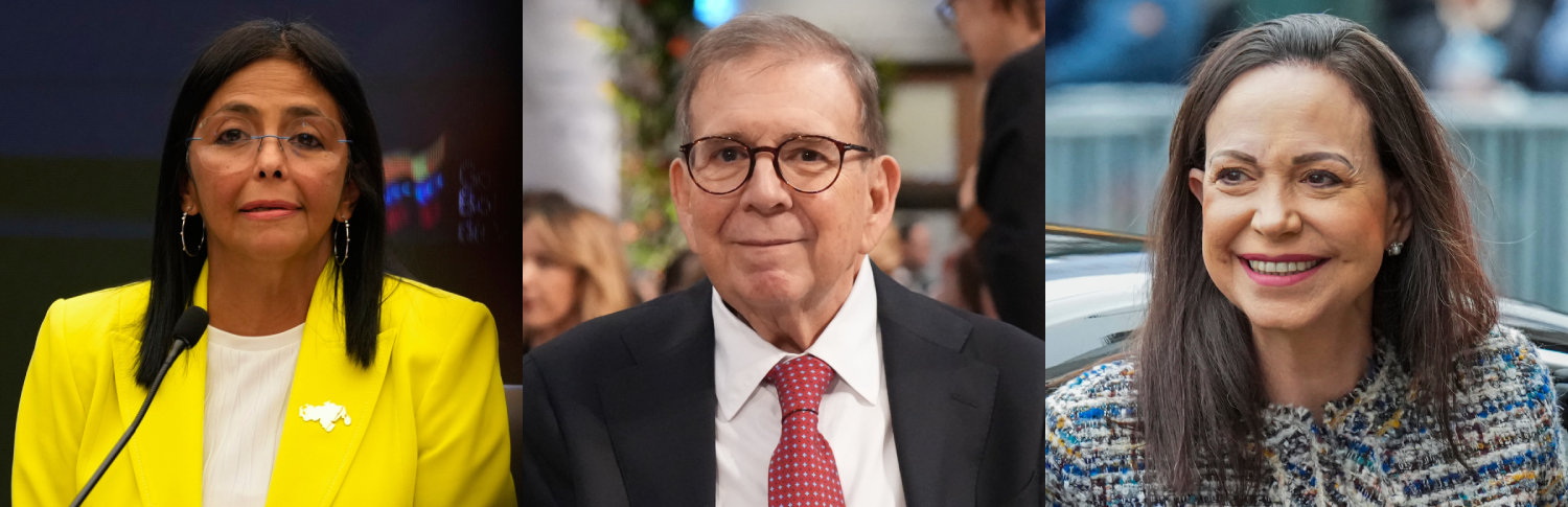 왼쪽부터 델시 로드리게스 베네수엘라 부통령, 2024년 야권 대선 후보였던 에드문도 곤살레스 우루티아, 곤살레스를 도운 지난해 노벨 평화상 수상자 마리아 코리나 마차도. 이들은 차기 대통령 후보로 거론되고 있다.