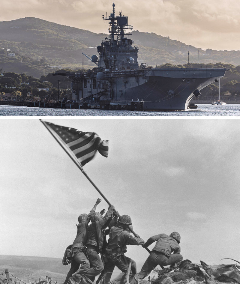 미국이 3일(현지 시간) 니콜라스 마두로 베네수엘라 대통령 체포 작전에 투입한 ‘USS 이오지마’ 강습상륙함(위 사진). 제2차 세계대전 당시 태평양전쟁 최대 격전지였던 ‘이오지마 전투’(아래 사진)에서 이름을 따왔다. 미 해군 제공
