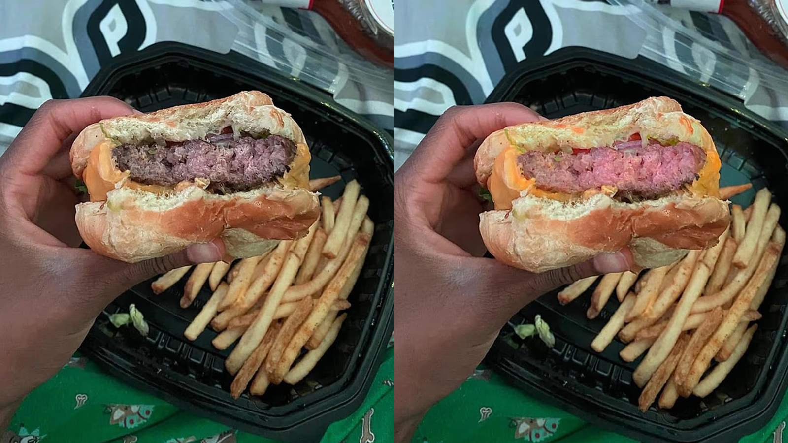 생성형 AI로 조작한 음식 사진을 제출해 환불을 받아내는 ‘신종 배달 사기’가 기승을 부리고 있다. 왼쪽은 배달을 받은 사진, 오른쪽은 엑스(X) 이용자가 환불을 위해 편집했다는 사진. 엑스 갈무리