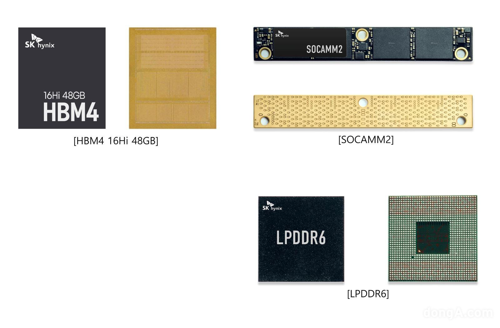 SK하이닉스 CES2026 전시 제품(왼쪽부터 시계 방향으로) ▲HBM4 16Hi 48GB ▲SOCAMM2 ▲LPDDR6