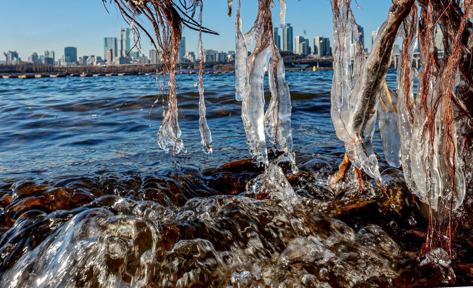 영하권 추위로 본격적인 겨울날씨를 보인 31일 서울 광진구 인근 한강에 고드름이 얼어있다. 2025.12.31/뉴스1