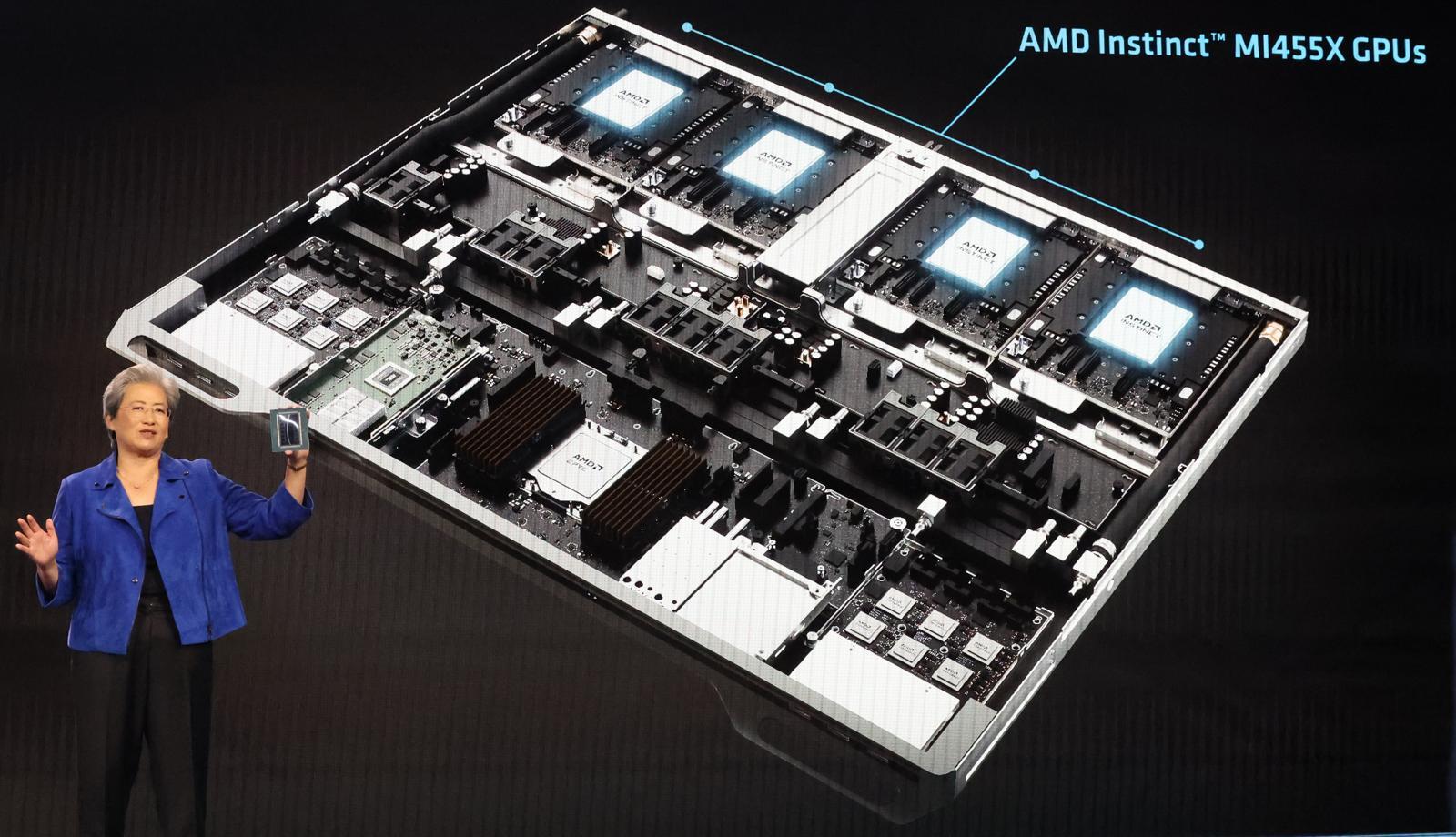 리사 수 AMD 최고경영자(CEO)가 5일(현지시간) 미국 네바다주 라스베이거스 베네치안 호텔에서 ‘CES 2026 개막 기조연설’ 중 신제품 ‘MI455X GPUs’를 소개하고 있다.  2026.1.6/뉴스1