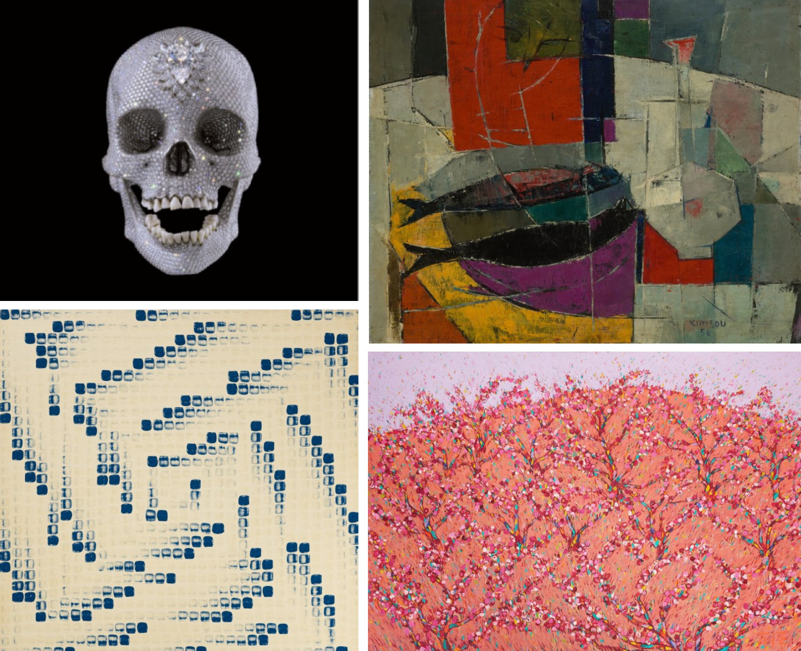 올해 국립현대미술관이 전시를 통해 선보일 작품들. 데이미언 허스트의 ‘신의 사랑을 위하여’와 김흥수의 ‘얼굴이 있는 풍경’, 이우환의 ‘점으로부터’, 이대원의 ‘농원’(왼쪽 위부터 시계 방향으로). 국립현대미술관 제공