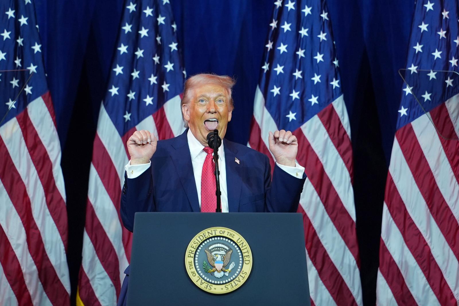 트럼프 대통령이 6일(현지 시간) 워싱턴의 트럼프-케네디센터에서 열린 연방 하원 공화당 의원 연례 정책 워크숍에서 익살스런 표정으로 연설하고 있다. 2026.01.07. [워싱턴=AP/뉴시스]