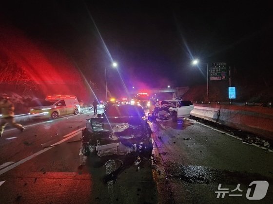 4일 오전 1시 23분께 서해안고속도로 상행선 고창분기점 인근에서 발생한 교통사고 현장에서 수습하던 경찰관 등 2명이 SUV에 치여 숨졌다.(전북 소방 제공. 재판매 및 DB 금지)