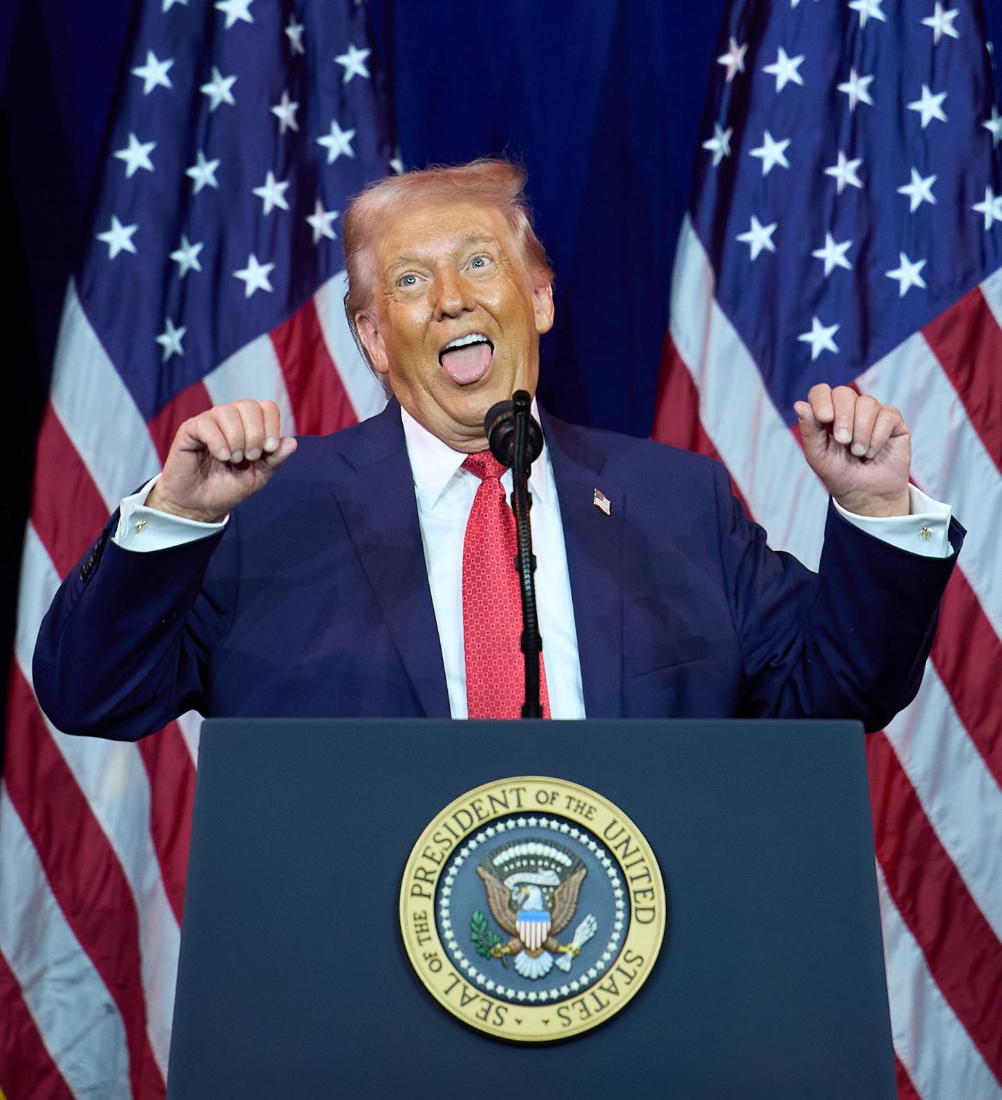 트랜스젠더 역도선수 비꼬는 트럼프
도널드 트럼프 미국 대통령이 6일 워싱턴에서 야당 민주당의 성소수자 우대 정책을 비판했다. 그는 여성으로 성을 바꾼 역도 선수가 바벨을 드는 모습을 우스꽝스럽게 흉내 냈다. 워싱턴=AP 뉴시스