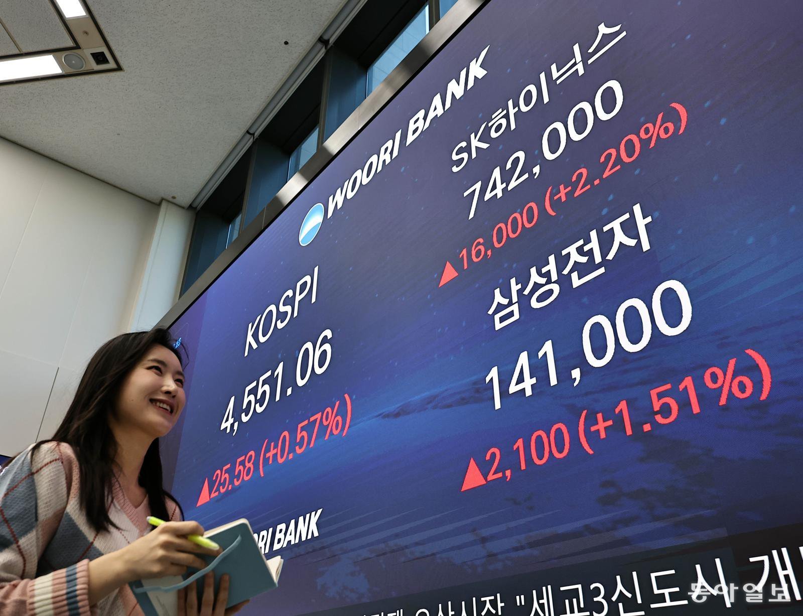 7일 서울 중구 우리은행 본점 딜링룸 전광판에 사상 최고치로 마감한 코스피 지수와 SK하이닉스, 삼성전자 주가가 나타나 있다. 2026.1.7. 양회성 기자 yohan@donga.com