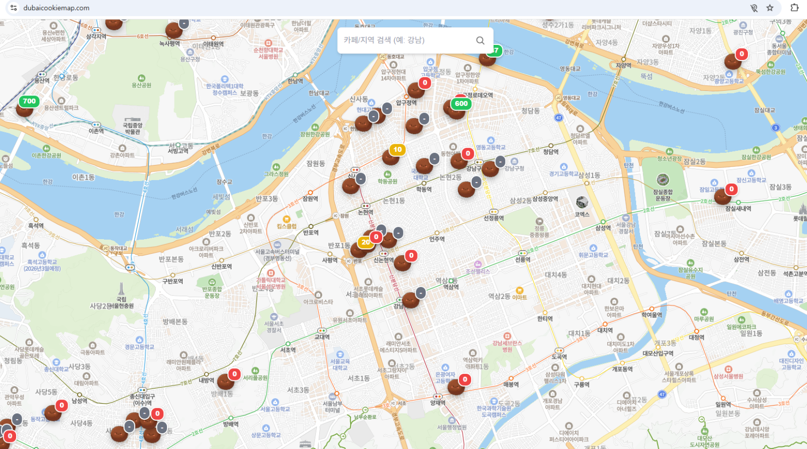 두쫀쿠 맵 사이트. 수도권 내 두바이 디저트를 판매하는 카페 위치와 재고 현황 등을 한눈에 확인할 수 있는 서비스다. 공식 사이트 캡처