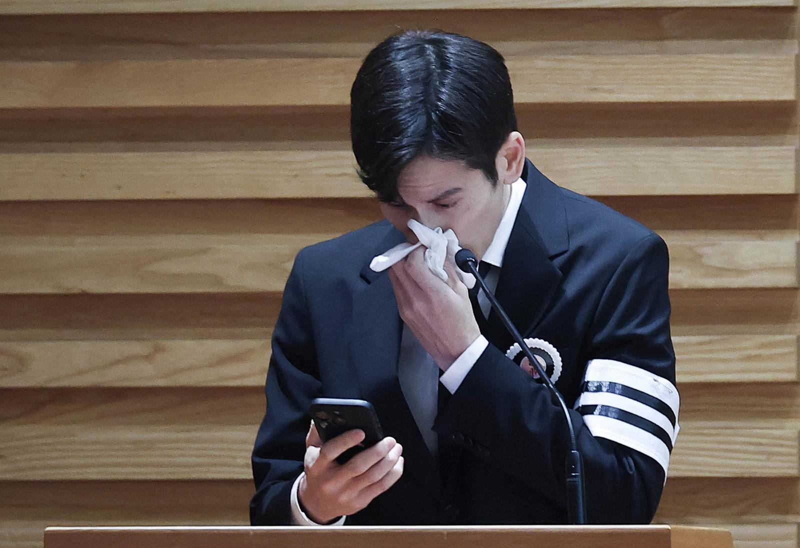 9일 오전 서울 중구 명동성당에서 열린 故 안성기 영결식에서 안성기 아들 안다빈 씨가 인사말을 하고 있다. 사진공동취재