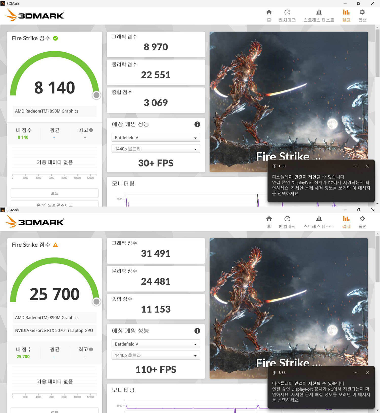 에이수스 ROG 엑스박스 엘라이 X(위)와 ROG XG 모바일 GC34R-034(아래)의 3D마크 파이어 스트라이크 테스트 결과 / 출처=IT동아