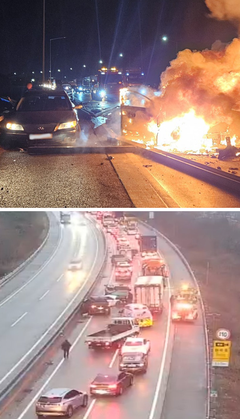 불타고 뒤엉킨 차량들 10일 서산영덕고속도로 경북 구간에서 발생한 추돌 사고로 승용차가 불에 타고 있다(위쪽 사진). 아래쪽 사진은 사고 당시 한국도로공사 폐쇄회로(CC)TV에 찍힌 다중추돌 장면. 이날 서산영덕고속도로와 경북 성주군 일대에서 교통사고가 잇따라 총 7명이 숨지고 9명이 다쳤다. 경찰과 소방당국은 사고 원인을 한파로 인해 도로에 얇게 형성된 결빙인 ‘블랙아이스’로 추정하고 있다. 경북소방본부 제공·한국도로공사 CCTV 화면 캡처