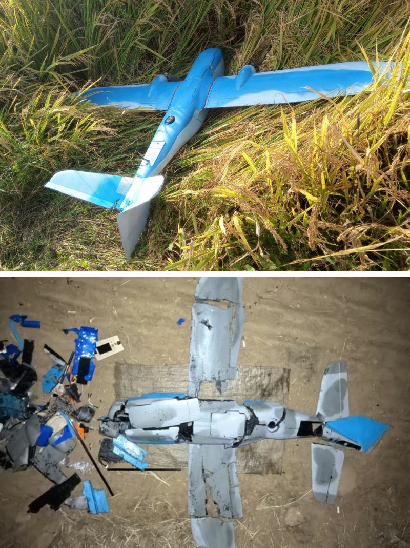 북한 노동당 기관지 노동신문이 우리 군의 무인기 침투를 주장하며 10일 공개한 사진(위쪽 사진). 북한 인민군 총참모부 대변인이 무인기를 격추시켰다고 주장한 가운데 노동신문은 추락한 무인기의 잔해 사진도 보도했다(아래 사진). 노동신문=뉴스1