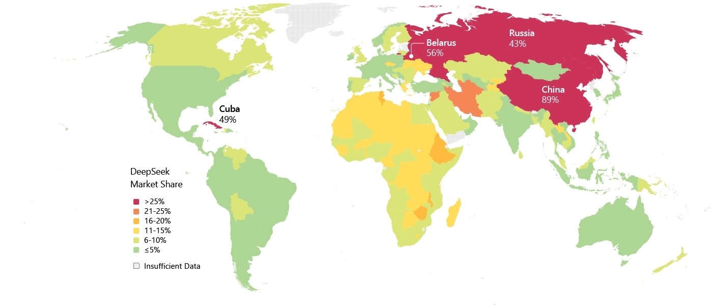 2025년 하반기 기준 딥시크(DeepSeek)의 글로벌 시장 점유율 현황 (짙은 붉은색 40% 이상~연한 노란색 10% 미만)(마이크로소프트 제공)
