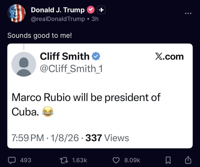 마코 루비오 국무장관의 ‘쿠바 대통령설’ 농담 게시글에 도널드 트럼프 미국 대통령이 “좋은 생각”이라고 반응했다. 엑스 갈무리