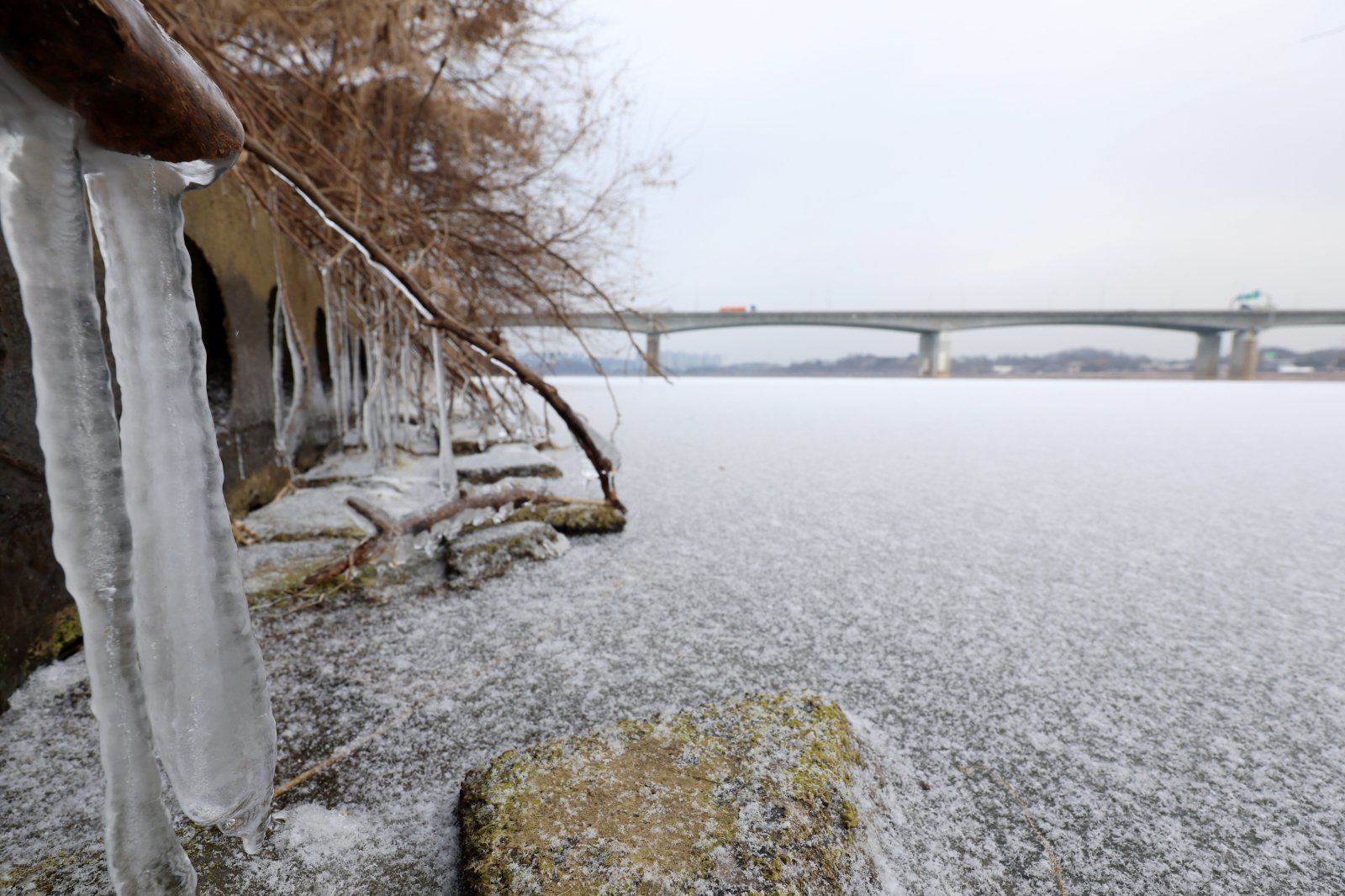 한파가 이어진 12일 경기 하남시 미사대교 인근 얼어붙은 한강 위로 눈이 쌓여 있다. 2026.01.12. [서울=뉴시스]
