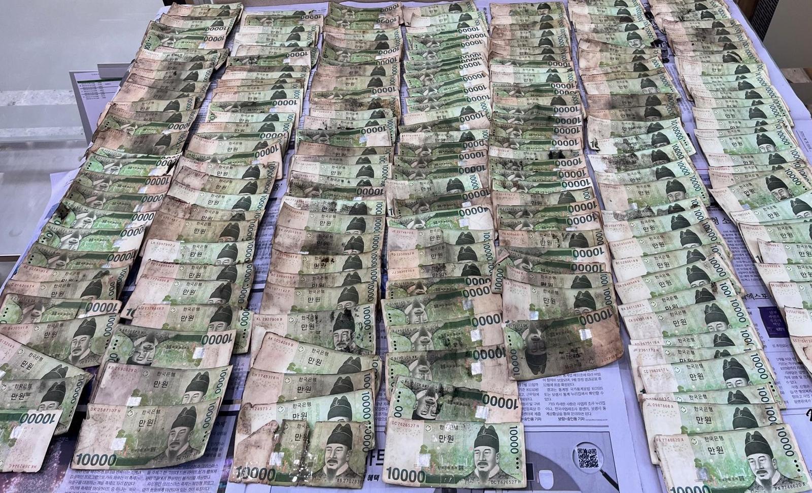 장판에 눌려 열에 그을린 화폐 1만 원권 총 592만 원어치. 
한국은행 제공