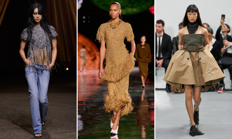 올해 패션계에서는 옷 밑단 술 장식인 ‘프린지’를 활용해 옷을 역동적으로 연출하려는 시도가 이어지고 있다. 알렉산더 맥퀸의 상의(왼쪽 사진), 샤넬의 드레스 소매와 헴라인(가운데 사진), 사카이의 로퍼 등 움직임이 많은 곳에 가미된 프린지가 패션에 생동감을 부여하고 있다. 각 사 제공