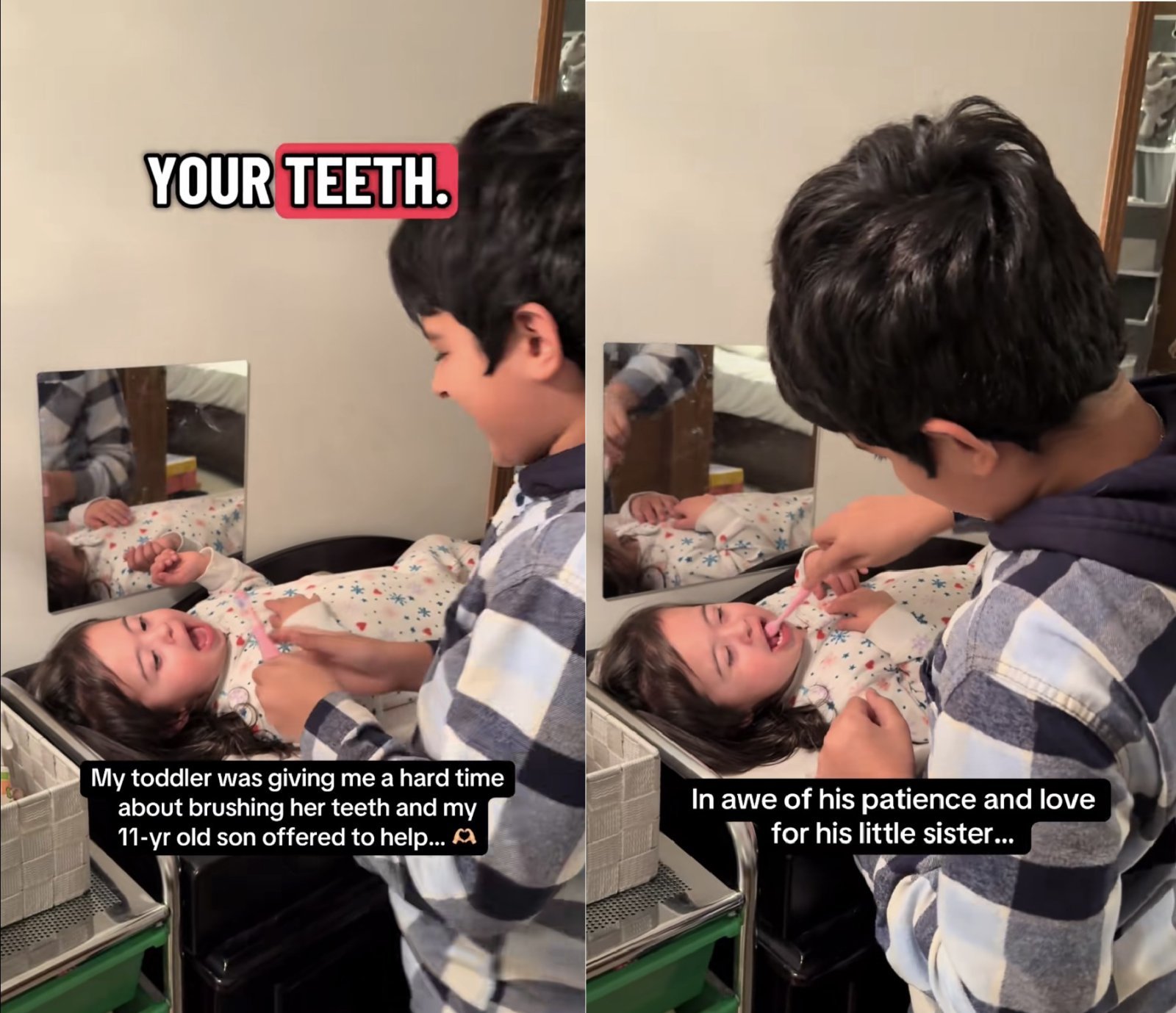 다운증후군을 앓는 여동생의 양치질을 돕는 오빠 조셉의 모습. 조셉은 놀이를 통해 동생이 자연스럽게 이를 닦도록 이끌었다. 틱톡 캡처