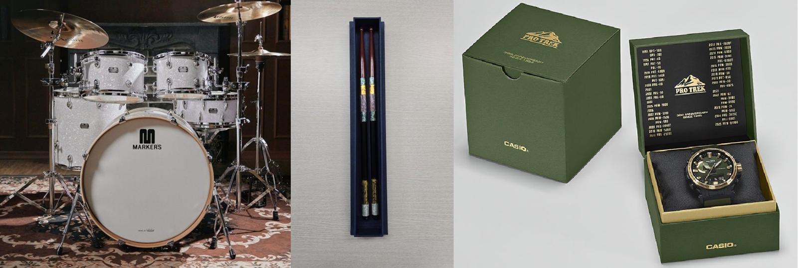 이재명 대통령이 다카이치 총리에게 선물한 드럼 세트(왼쪽),  다카이치 총리가 이 대통령에게 전달한 카시오 시계. 청와대 제공.