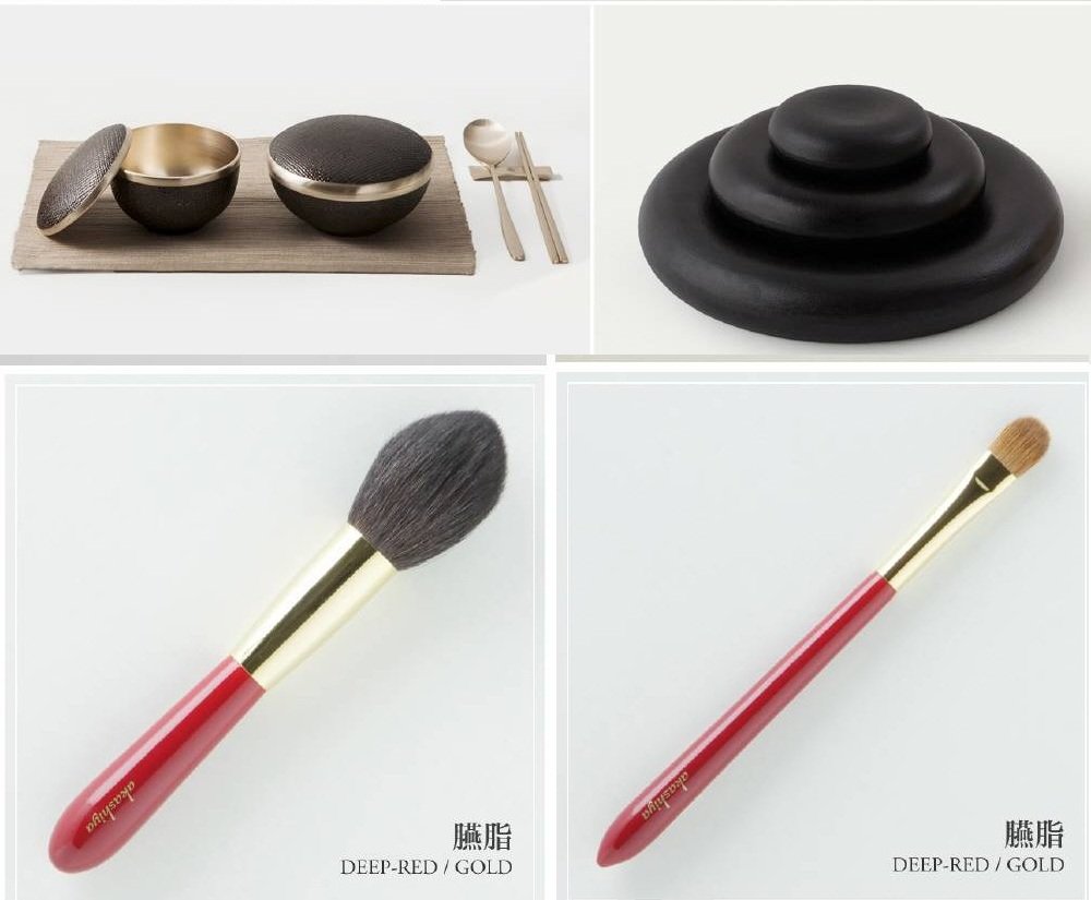 유기 옻칠 반상기와 접시 세트(위쪽), 아카시야 화장 붓 모습. 정상 배우자에게 전달된 선물이다.  뉴시스