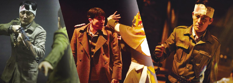 연극 ‘벙커 트릴로지’ 중 ‘모르가나’에서 솔저1 역의 이석준(왼쪽). ‘맥베스’에서 솔저2를 연기하는 박정복(가운데)과 솔저1 역의 최재웅. 아이엠컬처 제공