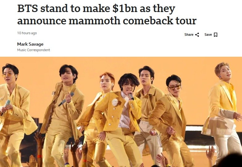 글로벌 보이그룹 방탄소년단(BTS)이 4년 만의 월드투어 소식을 밝힌 가운데, 영국 BBC는 “BTS가 투어로 10억 달러(약 1조4767억 원)를 벌어들일 것”이라고 13일(현지 시간) 보도했다. BBC 홈페이지 캡처