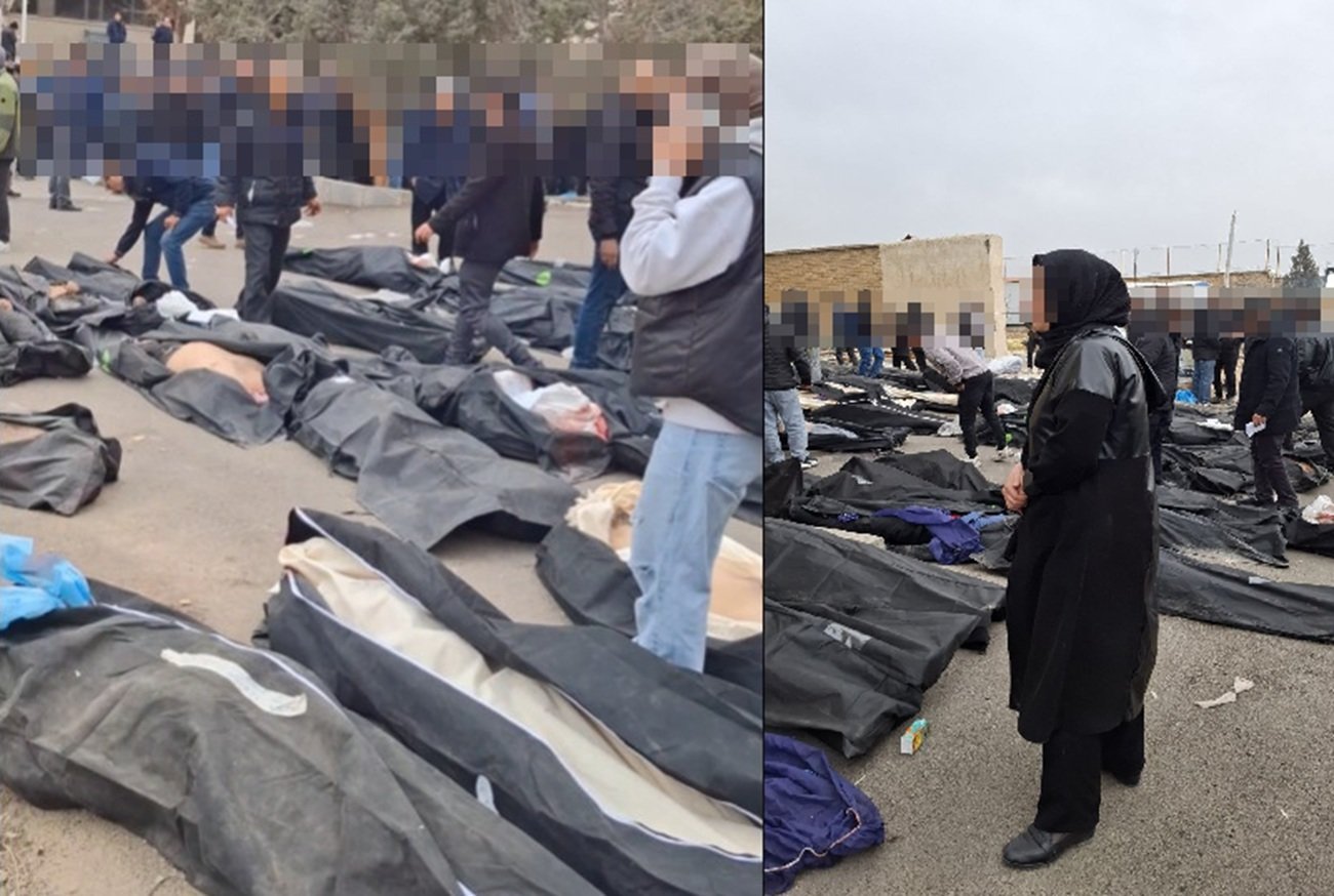 1월 10일 이란 테헤란 인근 카흐리자크 법의학센터 앞에 시위 사망자들의 시신이 안치된 모습.  X @Vahid 캡처