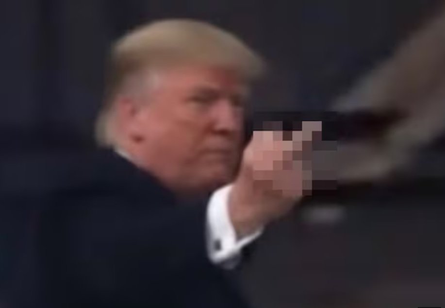 13일(현지 시간) 미국 미시간주 디어본의 포드 공장을 방문한 도널드 트럼프 미국 대통령이 자신에게 야유한 직원 T J  사불라를 향해 가운데 손가락을 들어보이고 있다. 출처: 미국 경제매체 이코노믹타임스