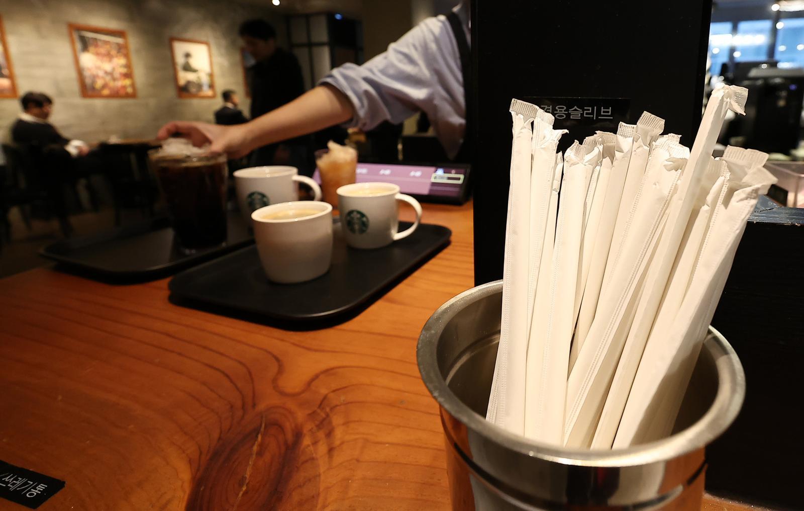 18일 서울 시내 한 카페에 진열된 일회용 빨대. 2025.12.18/뉴스1