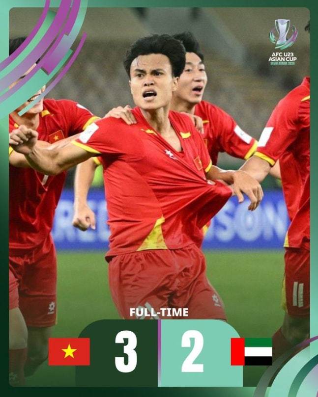 2026 아시아축구연맹(AFC) 23세 이하(U-23) 아시안컵에서 아랍에미리트(UAE)를 꺾은 베트남. AFC SNS 캡처