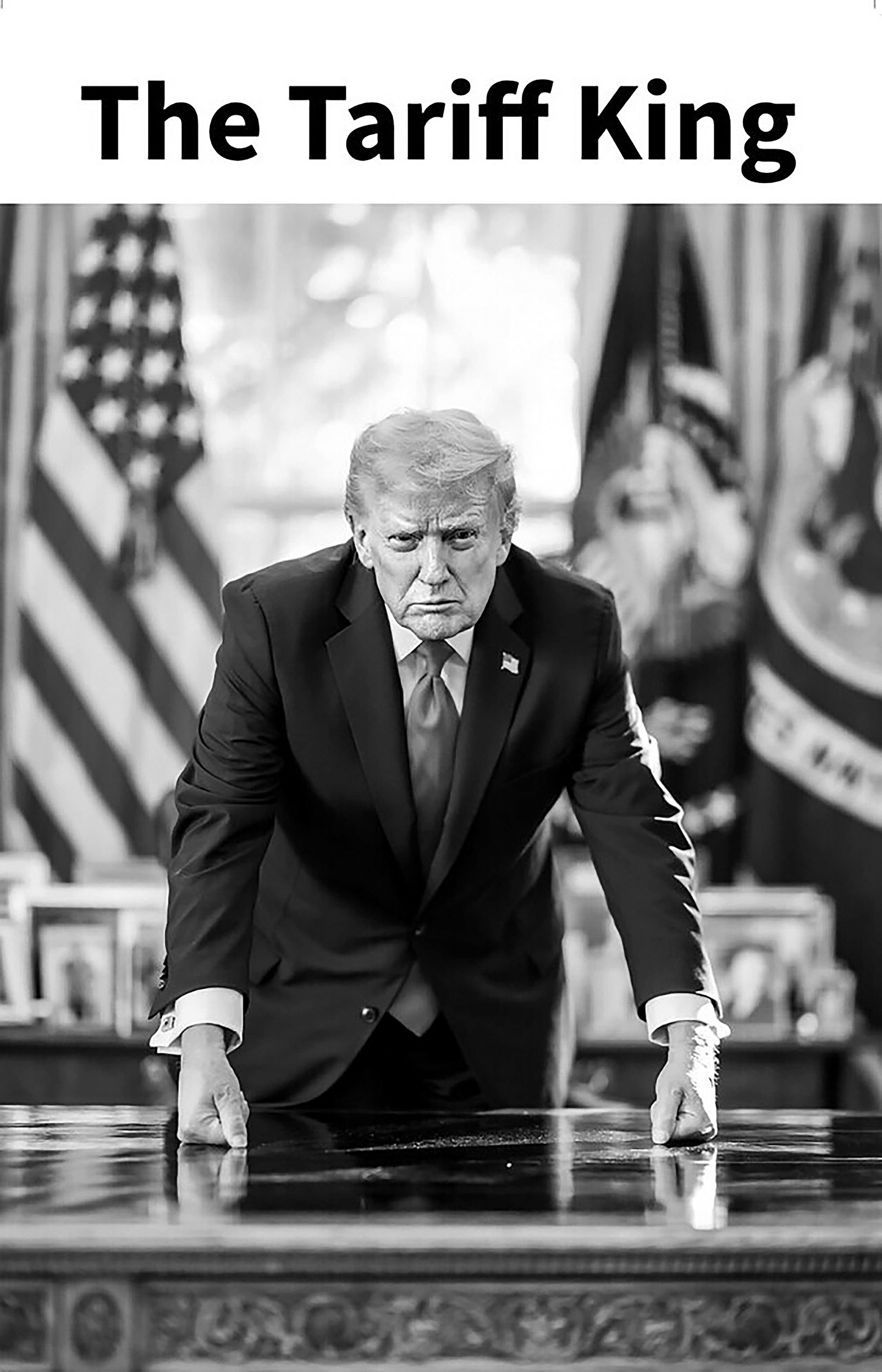 도널드 트럼프 미국 대통령이 16일(현지 시간) 트루스소셜에 워싱턴 백악관 집무실 내 ‘결단의 책상’ 위에서 양 주먹을 불끈 쥔 자신의 사진과 ‘관세 왕(tariff king)’이라는 문구를 올렸다. 사진 출처 도널드 트럼프 트루스소셜