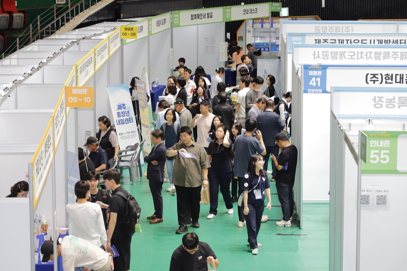 지난해 9월 제주시 한라체육관에서 열린 ‘2025 도민행복 일자리박람회’에서 구직자들이 기업 부스를 둘러보고 있다. 제주도 제공