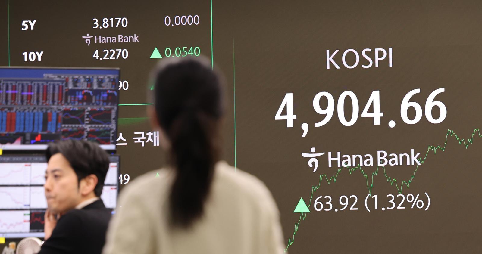 19일 오후 서울 중구 하나은행 딜링룸에서 딜러들이 업무를 하고 있다. 코스피는 전 거래일(4840.74)보다 63.92포인트(1.32%) 오른 4904.66에 마감했다. 2026.01.19 [서울=뉴시스]