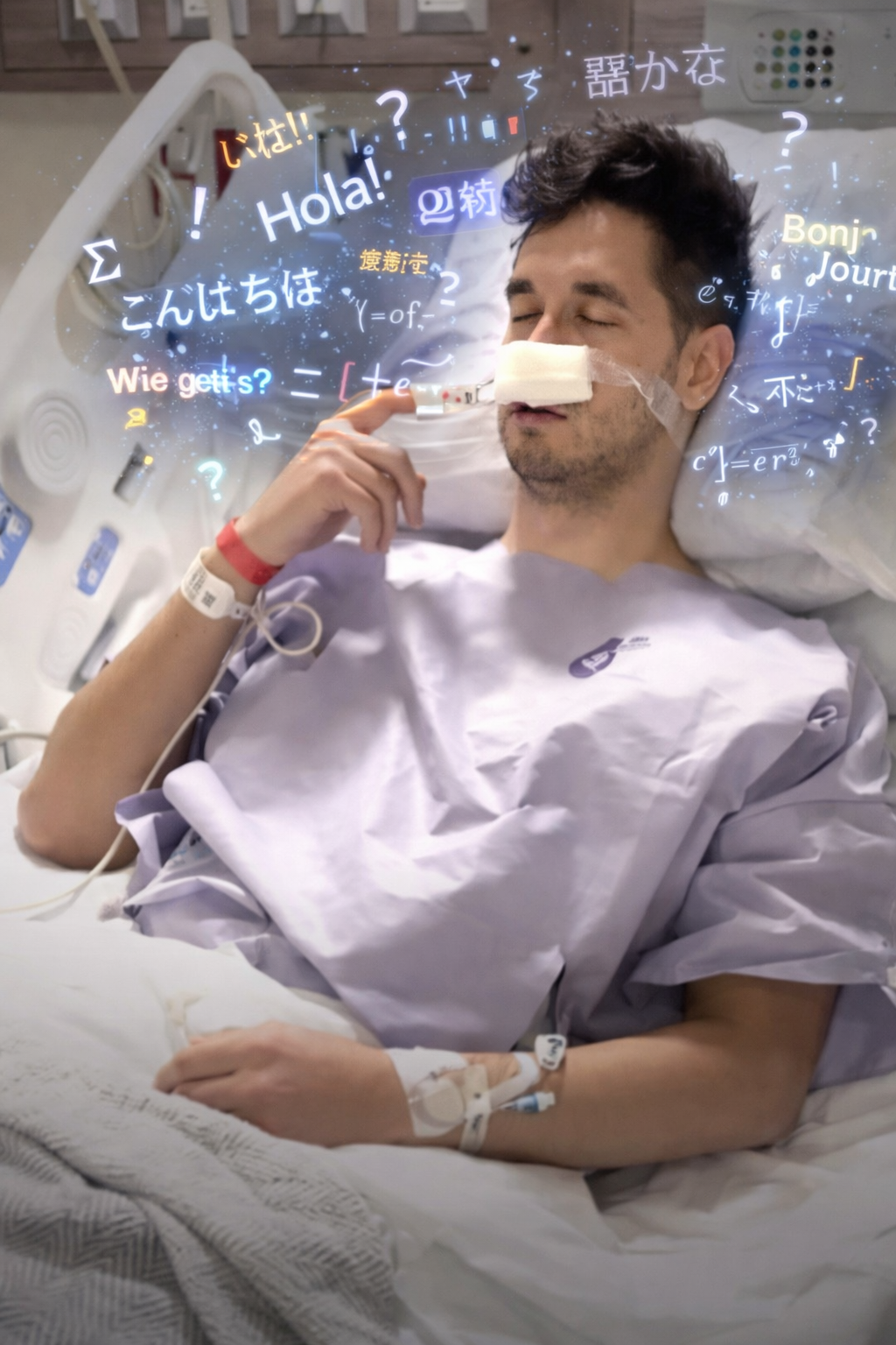 마취에서 깬 후 유창한 외국어를 구사하는 스티븐 체이스(33·남). SNS 사진에 AI 이미지 합성.