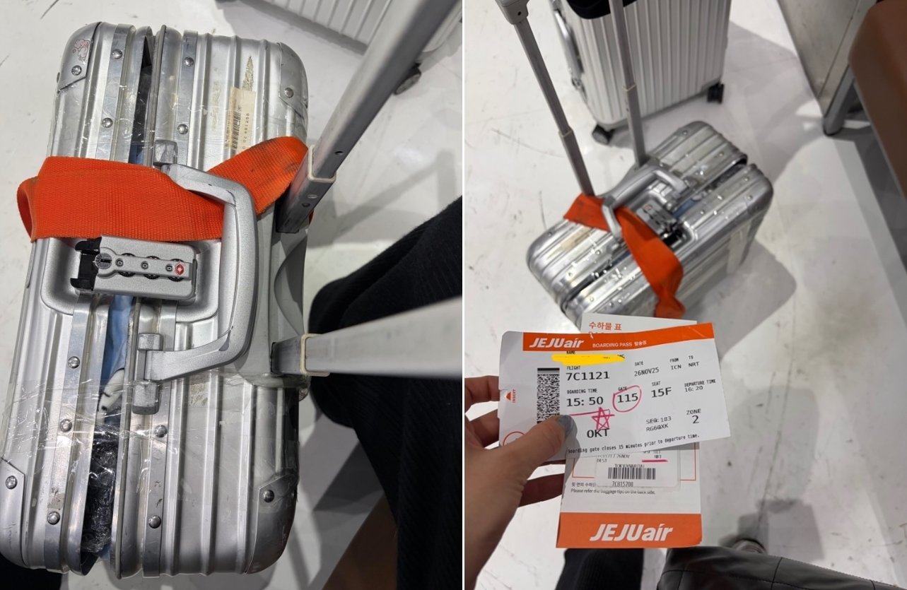 해외 공항 도착 직후 심각하게 파손된 상태로 발견된 캐리어. 출처=보배드림