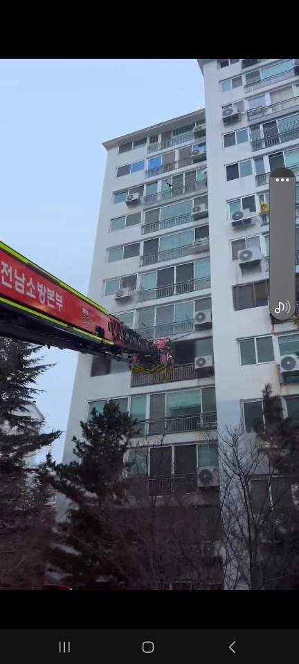 전남 광양소방서 소방관들이 19일 오후 52m길이 사다리 차량을 이용해 아이들을 구조하고 있다. 광양소빙서 제공.