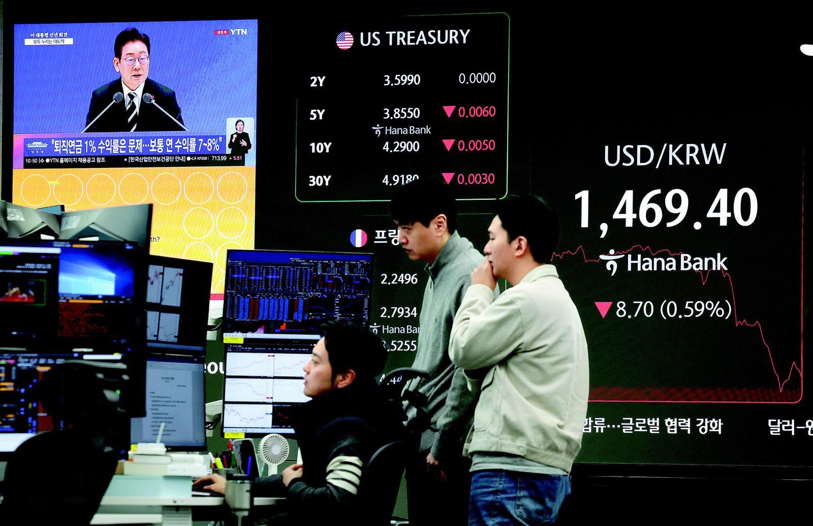 이재명 대통령의 신년 기자회견이 열린 21일 오전 서울 중구 하나은행 딜링룸 전광판에 원·달러 환율이 장중 한때 1,469.4원을 기록하고 있다. 뉴시스