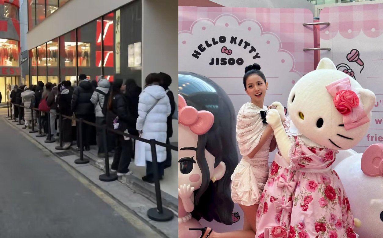 왼쪽 헬로키티×지수 협업 팝업 스토어 입장을 기다리는 대기 행렬. 오른쪽 팝업 스토어 내부 행사에 참석한 지수의 모습. SNS 갈무리